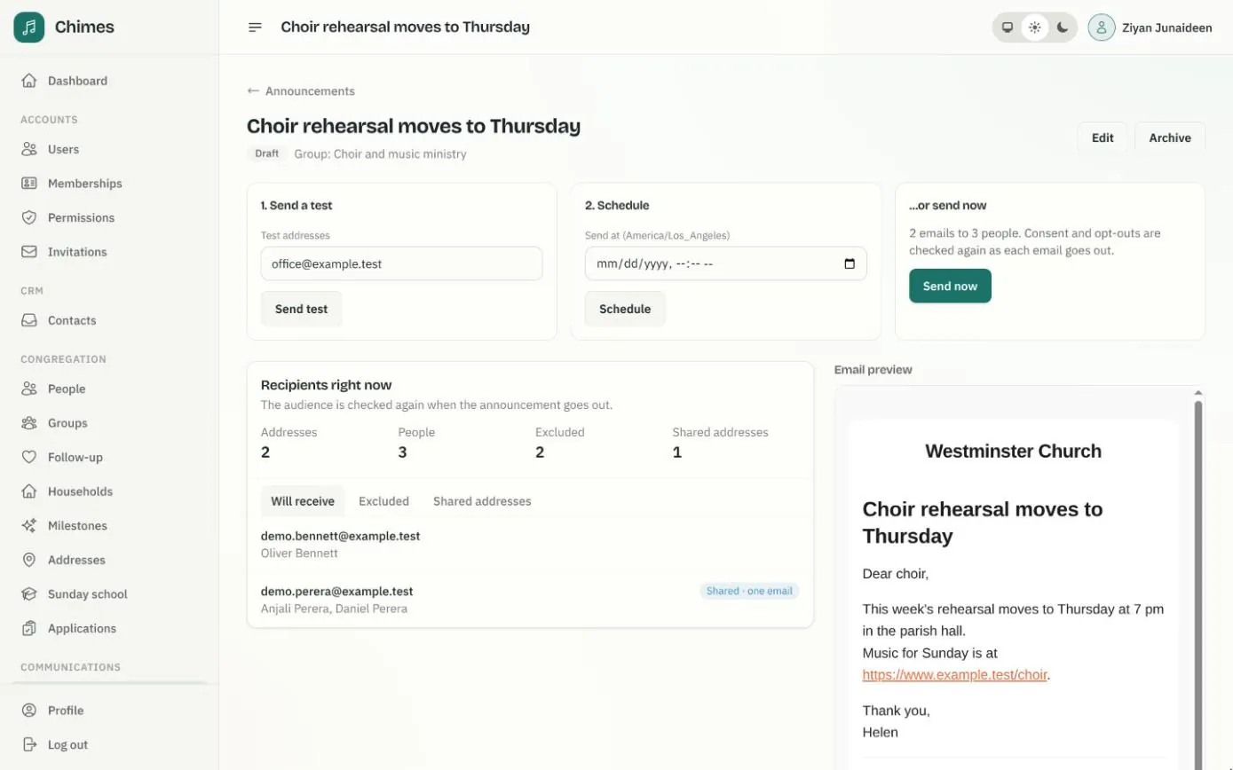 A draft announcement to the choir with send test, schedule and send now panels, recipients for two addresses and three people, and the email preview
