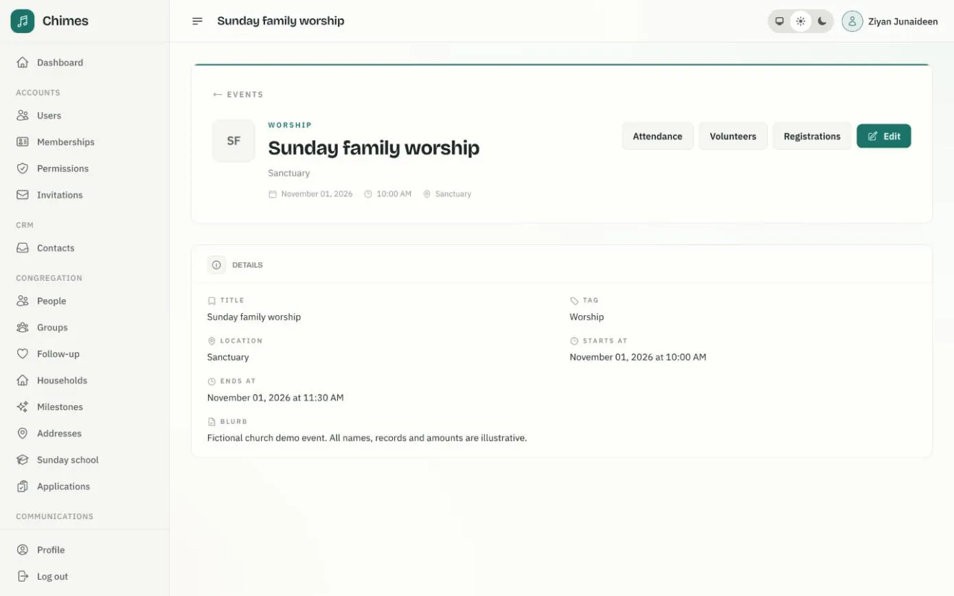 The Sunday family worship event page with its date, time and location, and buttons for attendance, volunteers and registrations