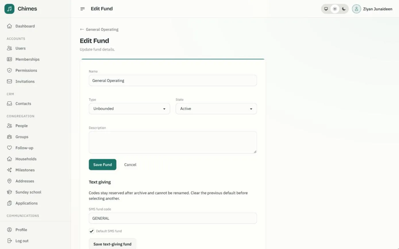 The staff console's Edit Fund page for General Operating, with a Text giving section setting the SMS fund code GENERAL and marking it as the default fund
