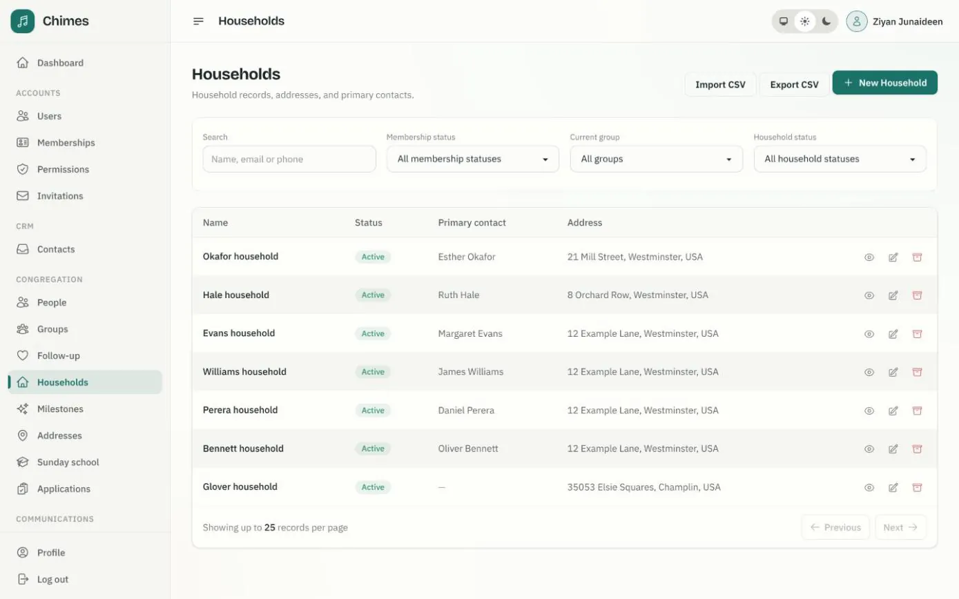 The Households list with each household's status, primary contact and address, and Import CSV and Export CSV buttons