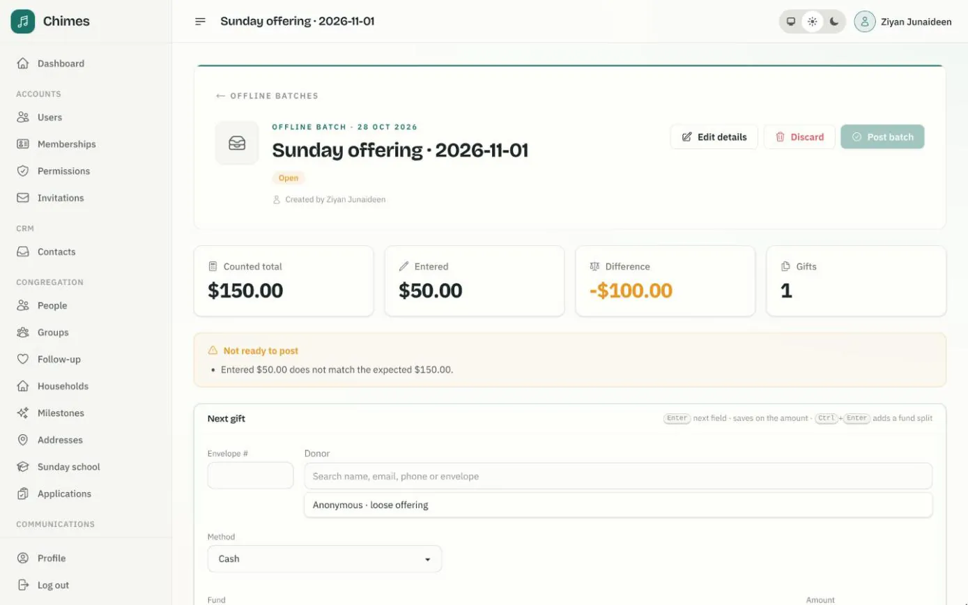An open offline batch for the Sunday offering showing the counted total, the amount entered and the difference still to find, above the entry form with envelope number and donor search