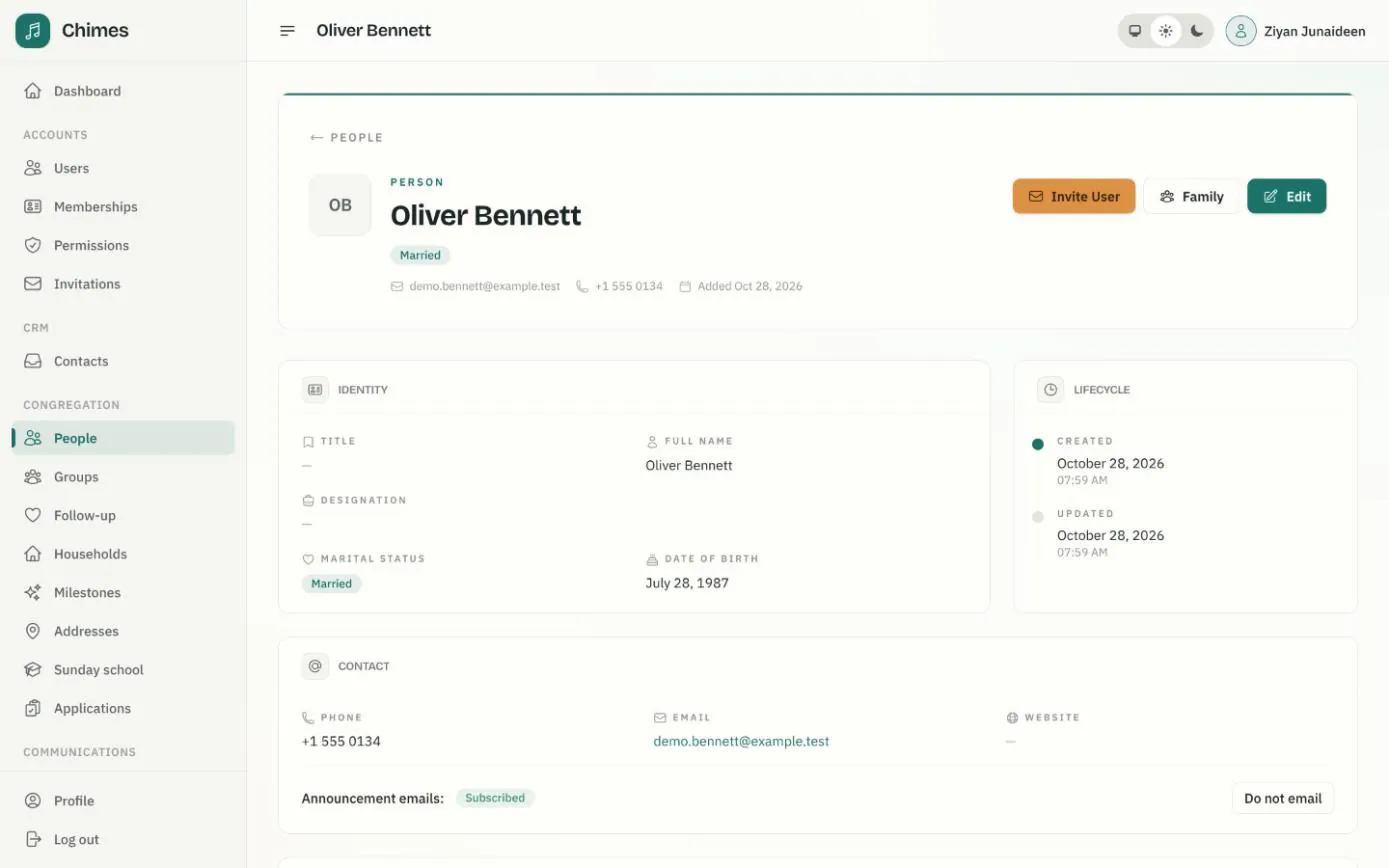 Oliver Bennett's person page in the staff console, with his identity, contact details, record dates and announcement email preference