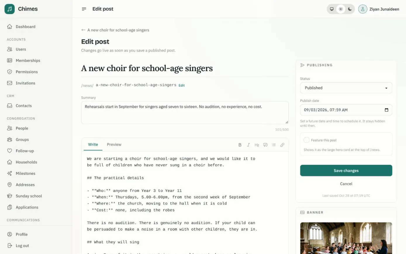 Editing a published news post in the staff console, with the Markdown editor, the publish date and the Feature this post option