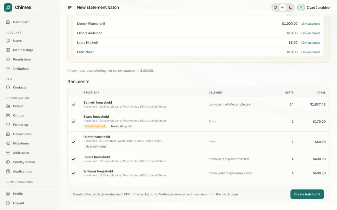 The recipients of a new statement batch: five households, each with delivery by email or print, its gift count and total, and flags for a bounced email and households with no email