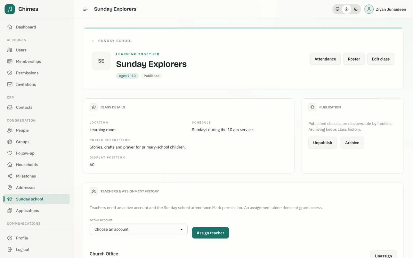 The Sunday Explorers class page with its location, schedule and public description, publication controls and teacher assignment