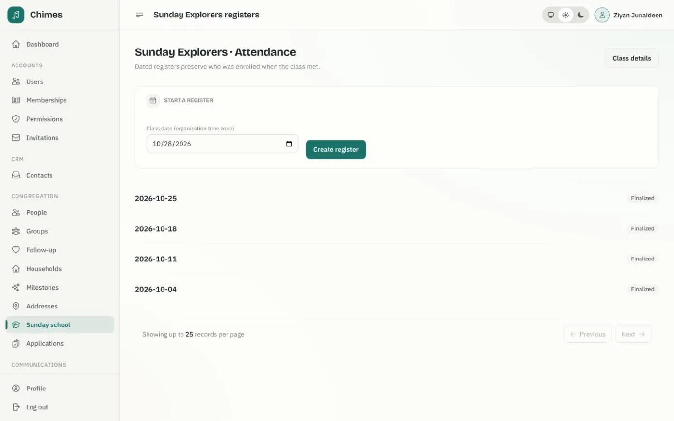 The Sunday Explorers attendance page with a date picker to create a register and four finalized weekly registers from October 2026