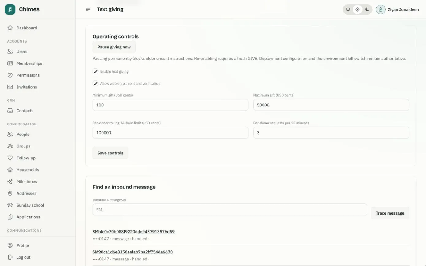 The staff console's text-giving controls with a Pause giving now button, switches for text giving and web enrollment, and the minimum, maximum and per-donor limits
