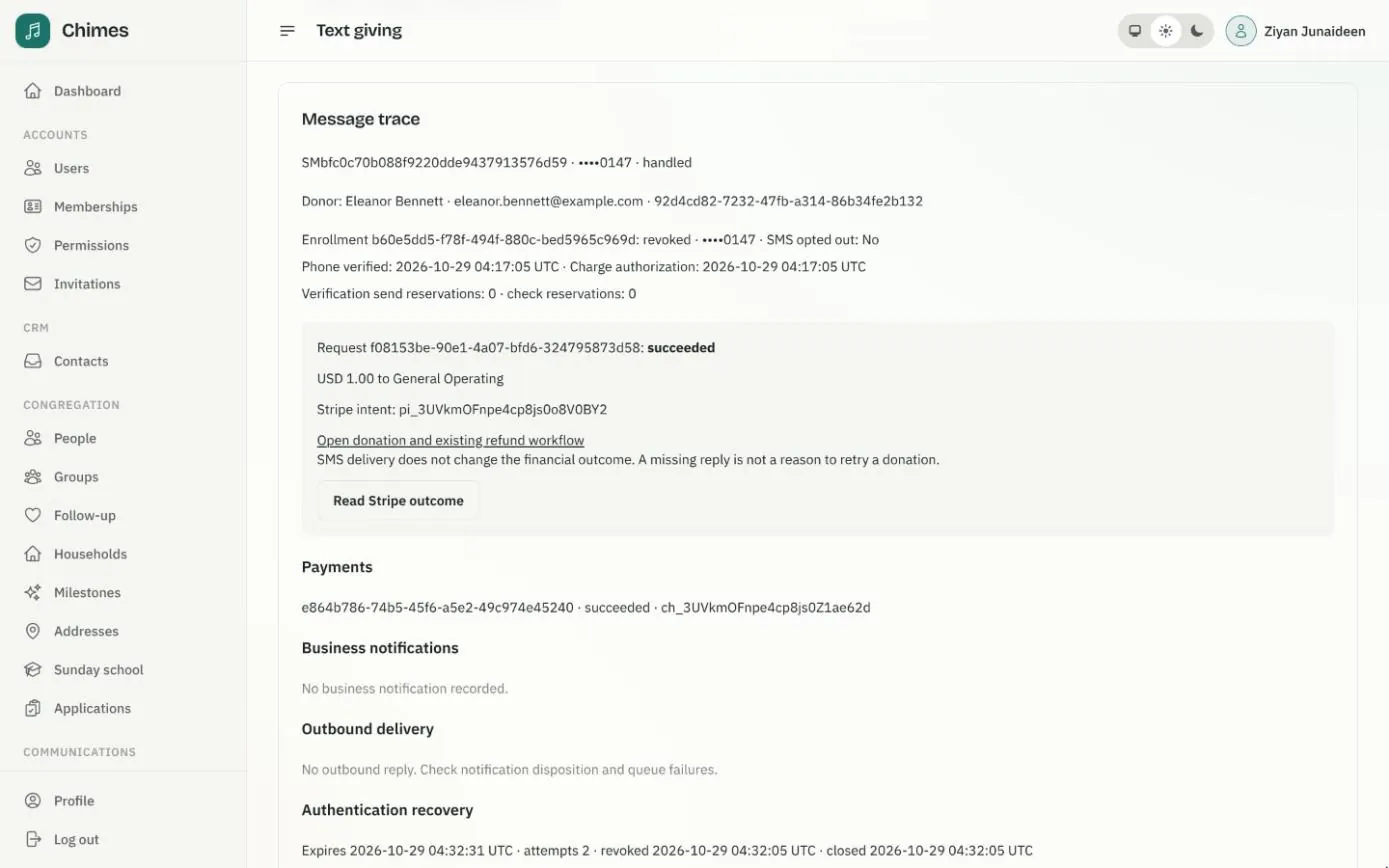 A message trace in the staff console linking an inbound text to its donor, enrollment, a succeeded USD 1.00 gift to General Operating, its Stripe payment and the reply status