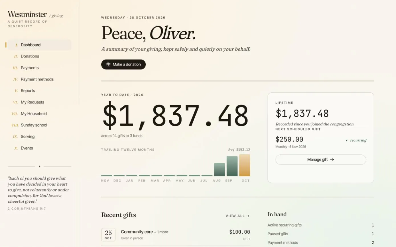 The member app dashboard with year-to-date giving, a twelve-month chart and the next scheduled gift