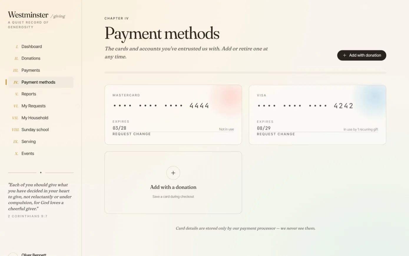 Two saved cards in the member app, a Mastercard ending 4444 and a Visa ending 4242 that pays a recurring gift
