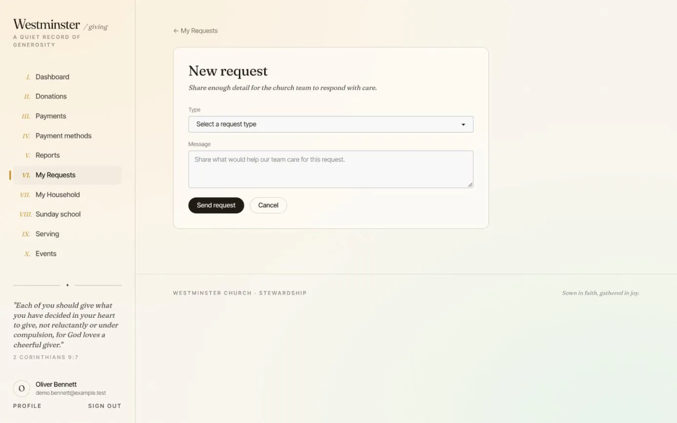 The member app's New request form, with a menu of request types and a message box