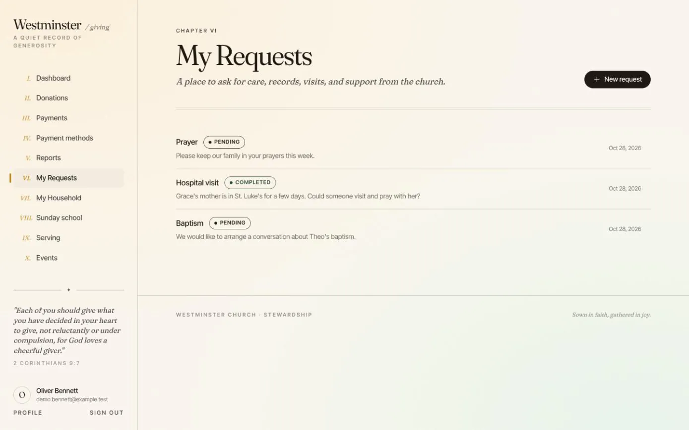 My Requests in the member app, listing a pending prayer request, a completed hospital visit and a pending baptism