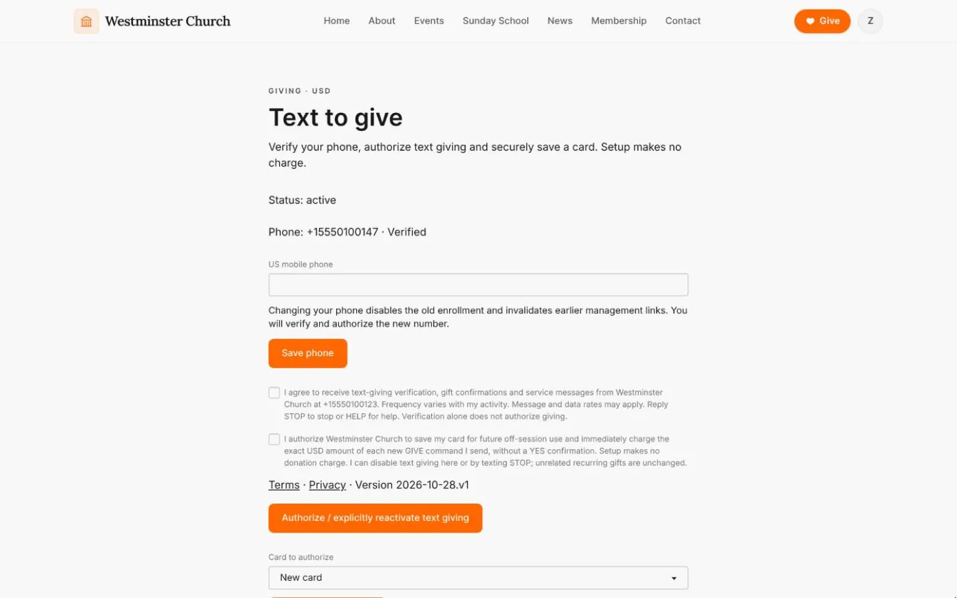 The Text to give page showing an active, verified phone, a field to change it, and separate checkboxes for text messages and for charging the saved card