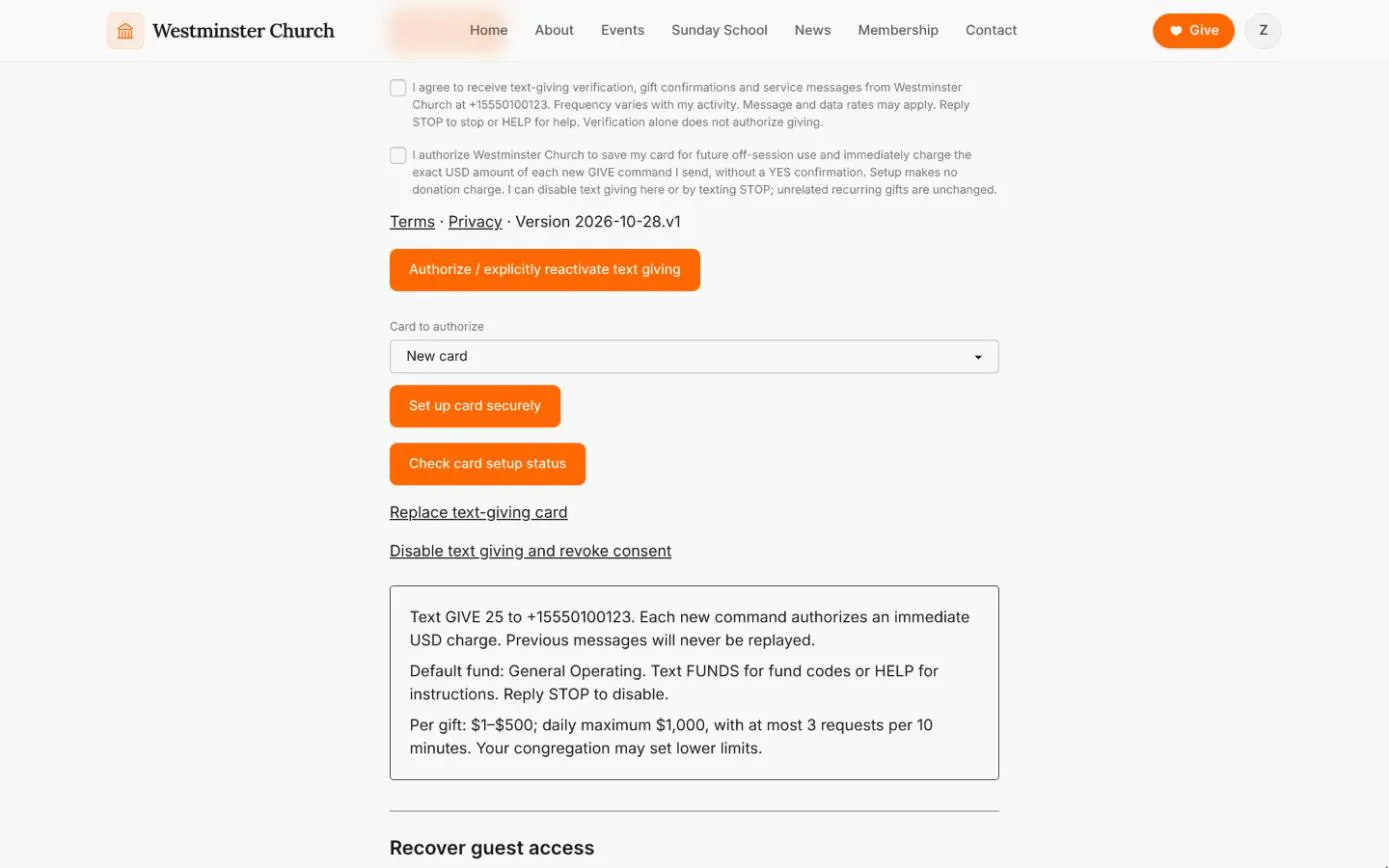 The donor's text-giving settings with options to replace the card or disable text giving, above instructions to text GIVE 25 to the church's number