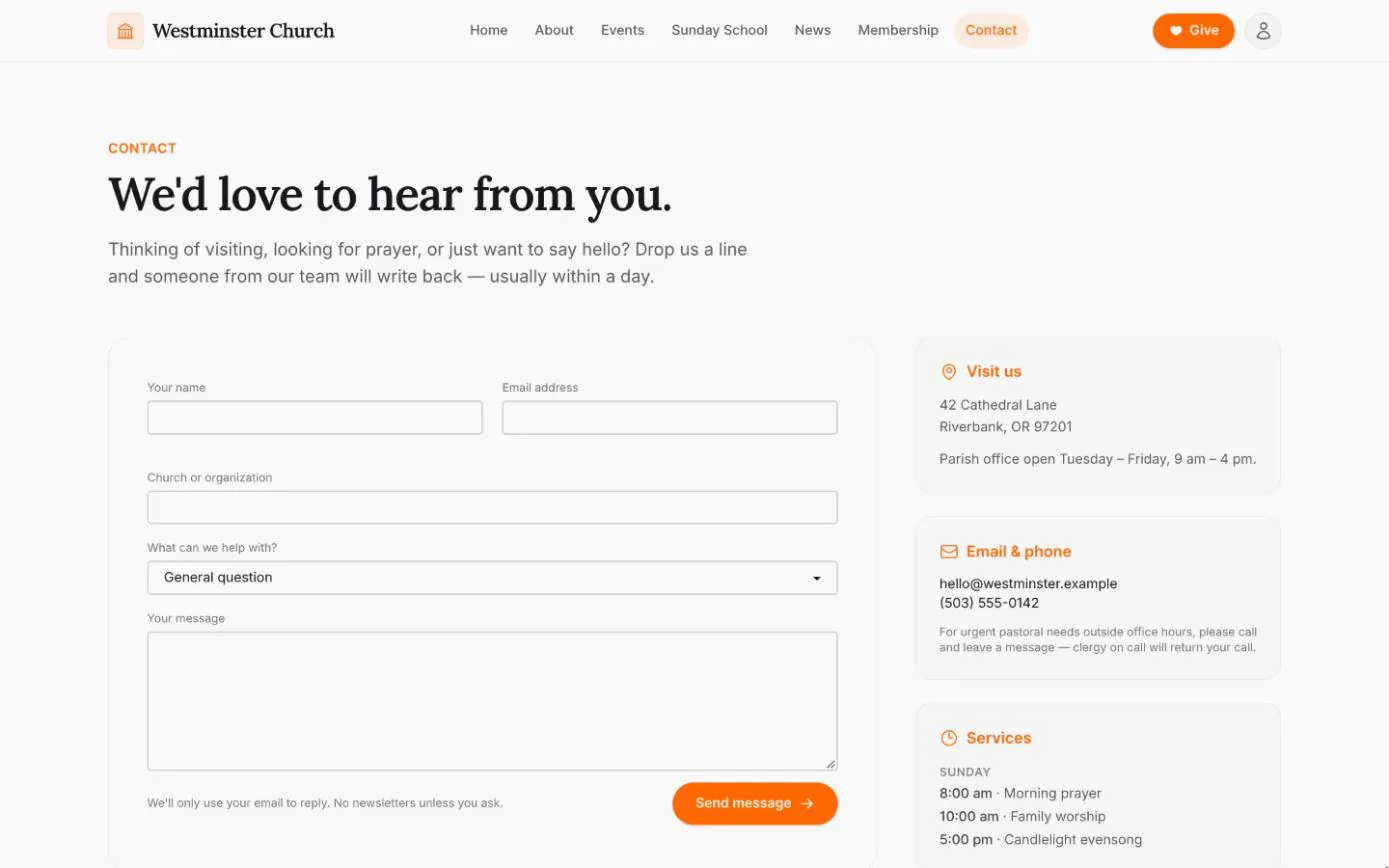 The church contact page with a message form and topic menu beside the address, office hours, email, phone and Sunday services
