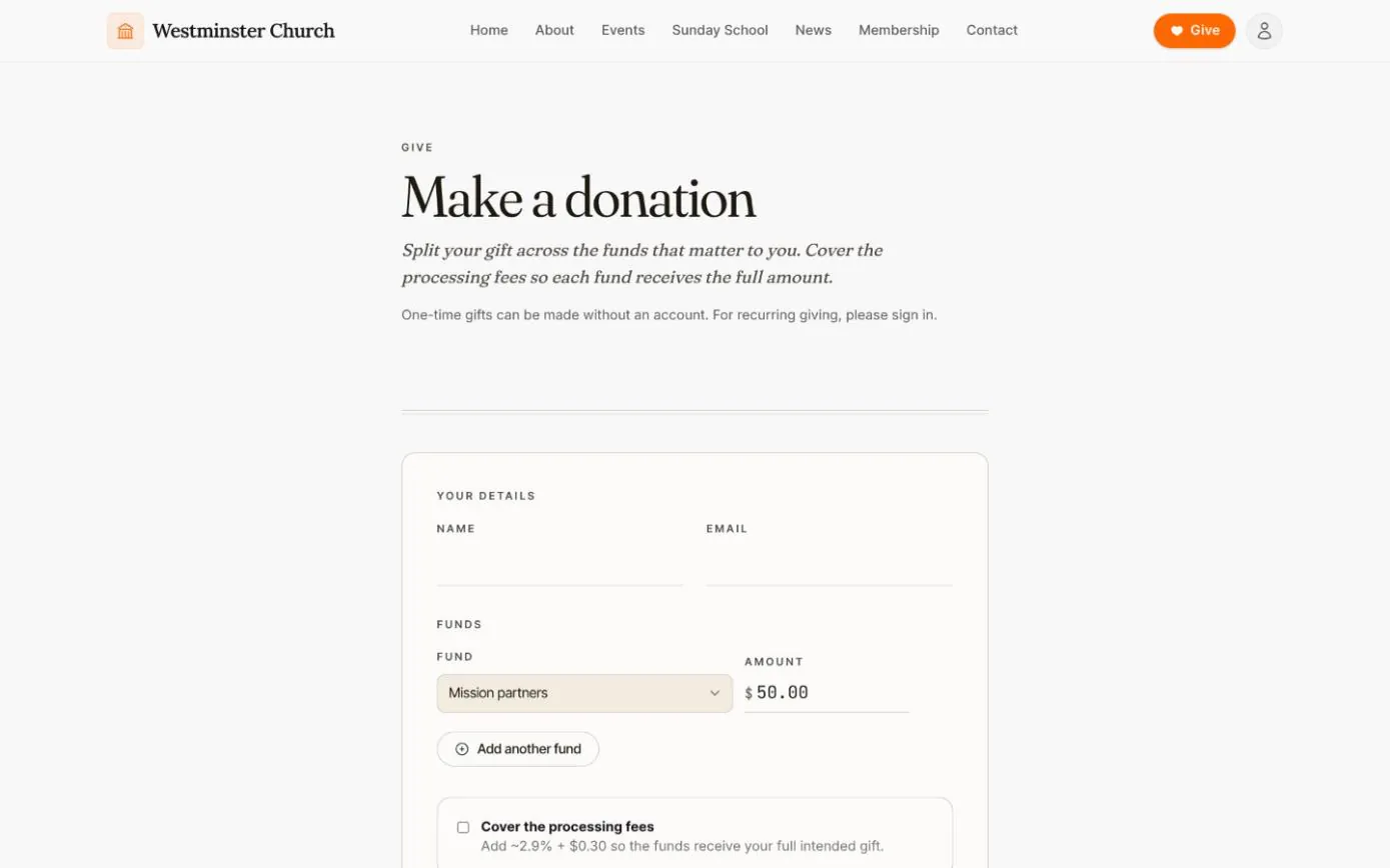 The Make a donation page on the church website, noting that one-time gifts need no account, with name, email and fund fields
