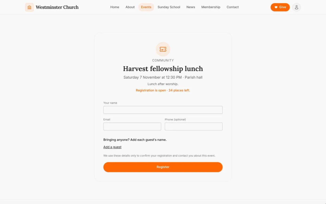 The registration form for the Harvest fellowship lunch with 34 places left, asking for a name, an email, an optional phone and guests' names