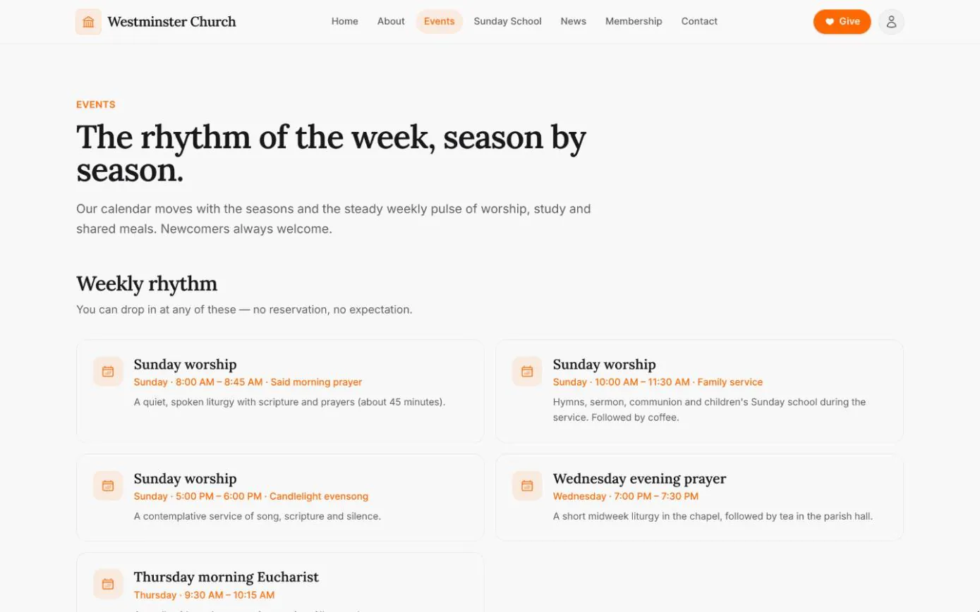 The Weekly rhythm section of the public events page, listing Sunday services at 8:00, 10:00 and 5:00, Wednesday evening prayer and Thursday morning Eucharist