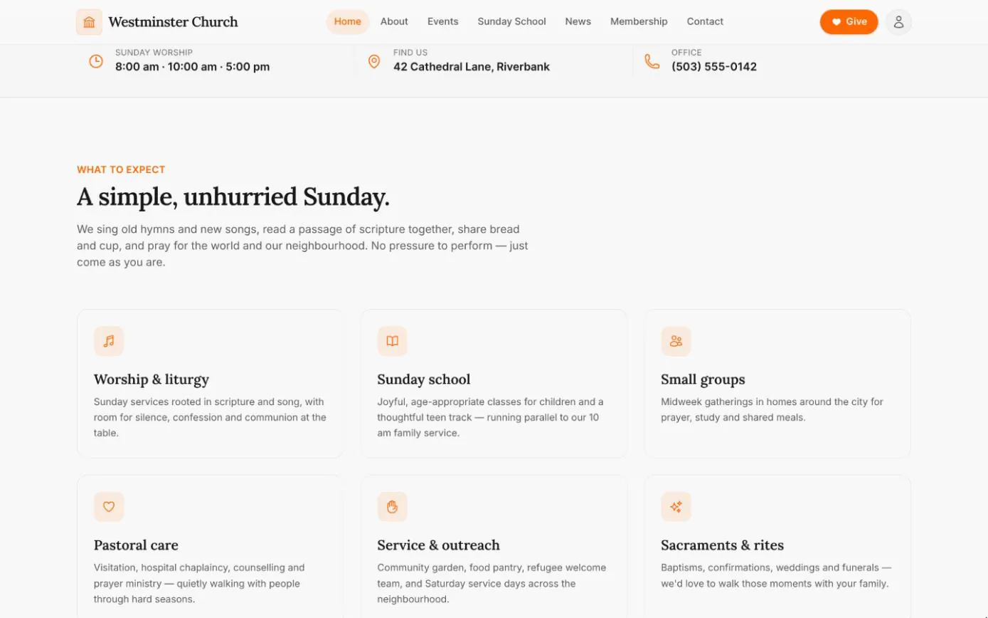 The home page strip with Sunday worship at 8:00 am, 10:00 am and 5:00 pm, the church's address and office phone, above the What to expect section