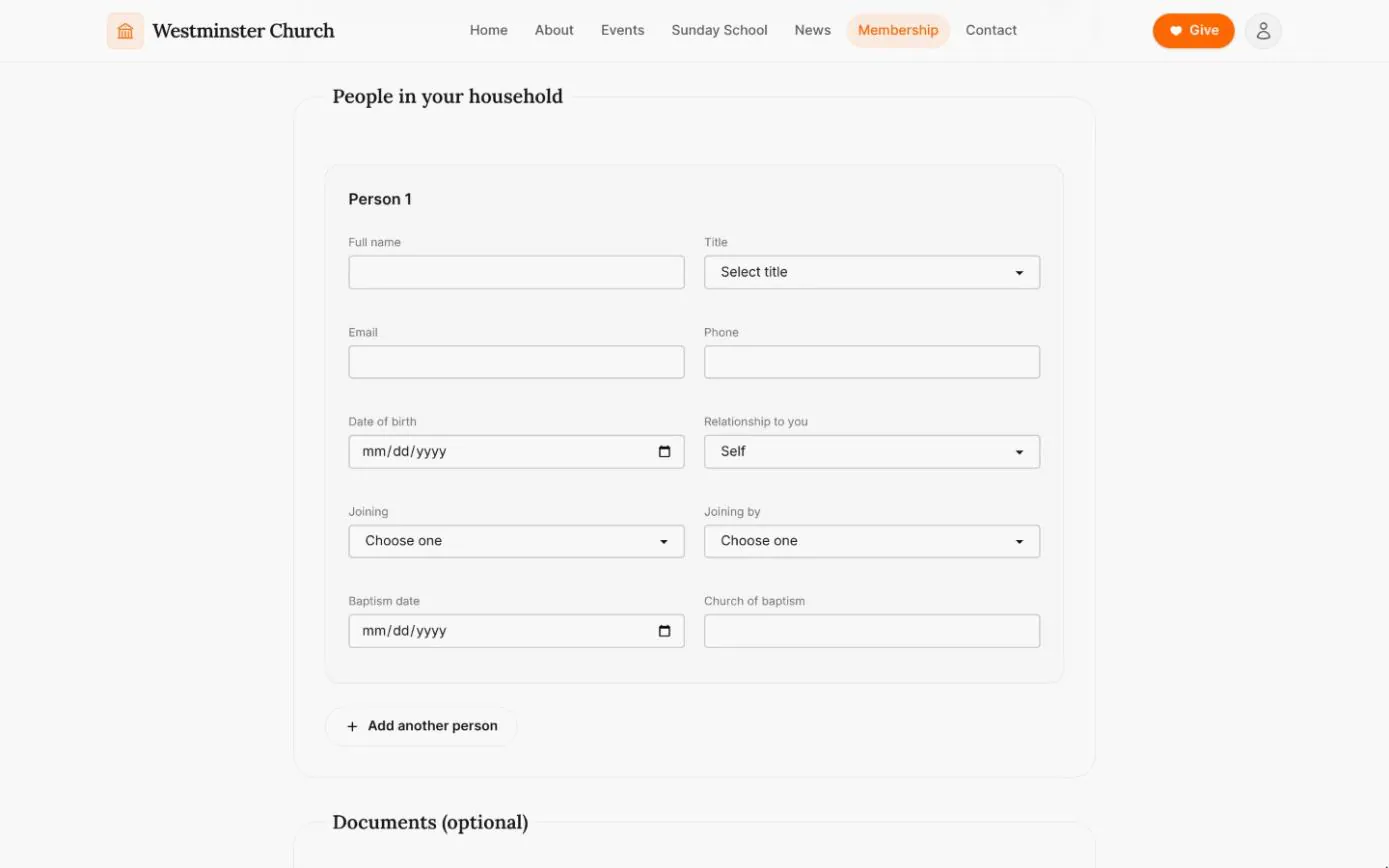 The household section of the membership application, with fields for one person's name, title, contact details, date of birth, relationship and how they are joining