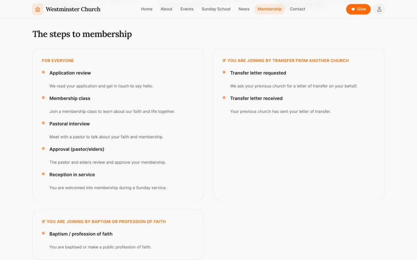 The steps to membership on the public membership page, grouped for everyone, for transfers from another church and for baptism or profession of faith