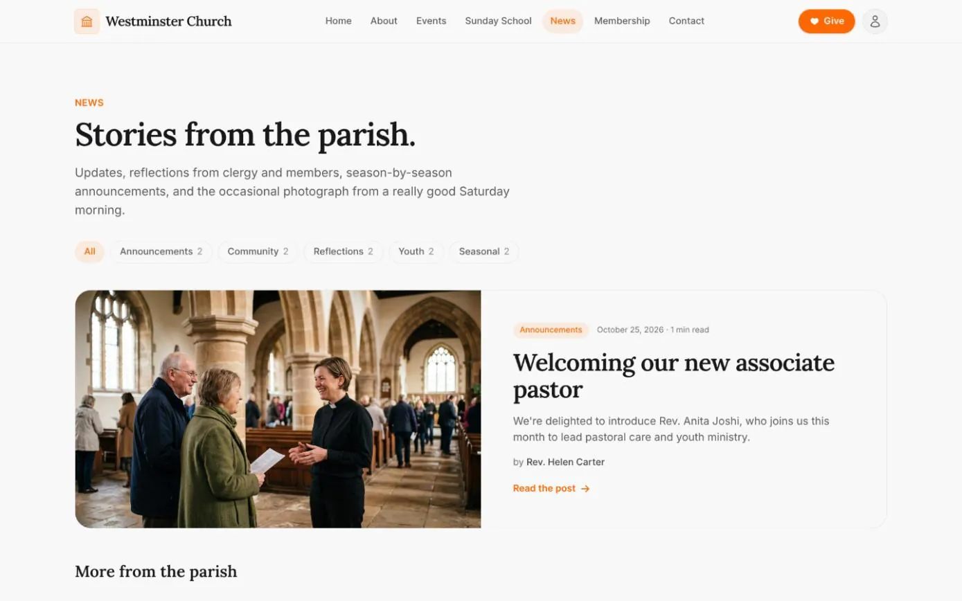 The public news page with category filters and a featured post welcoming a new associate pastor