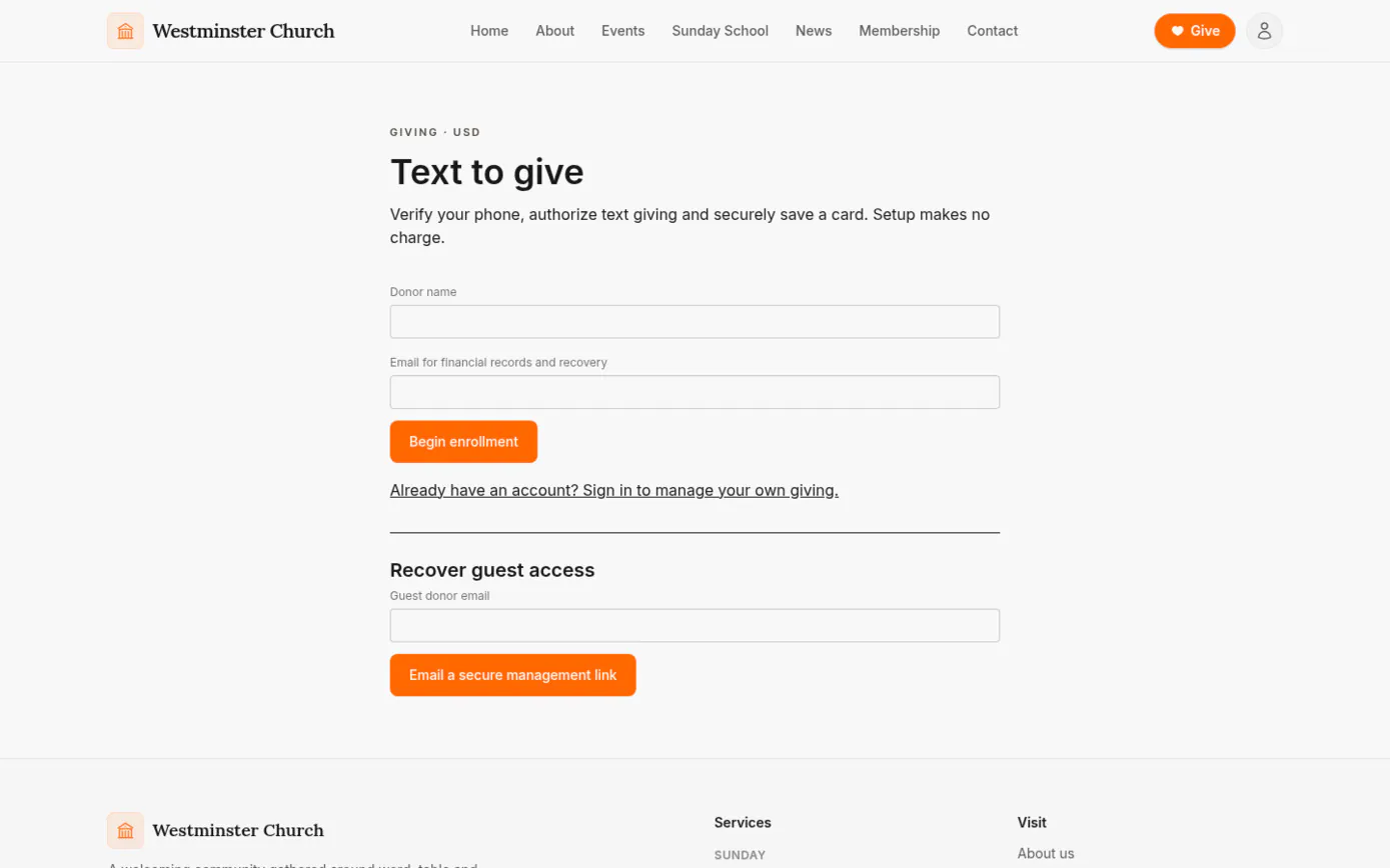 The Text to give page on the church website, asking for a donor name and email to begin enrollment